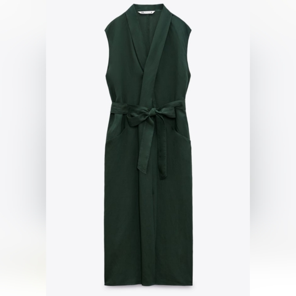 ZARA Belted Midi Linen Blend Dress Sz-XL - Picture 5 of 12